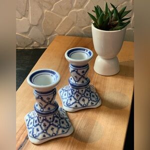 BLUE & WHITE CHINOISERIE | Pair | Porcelain Candle Holders